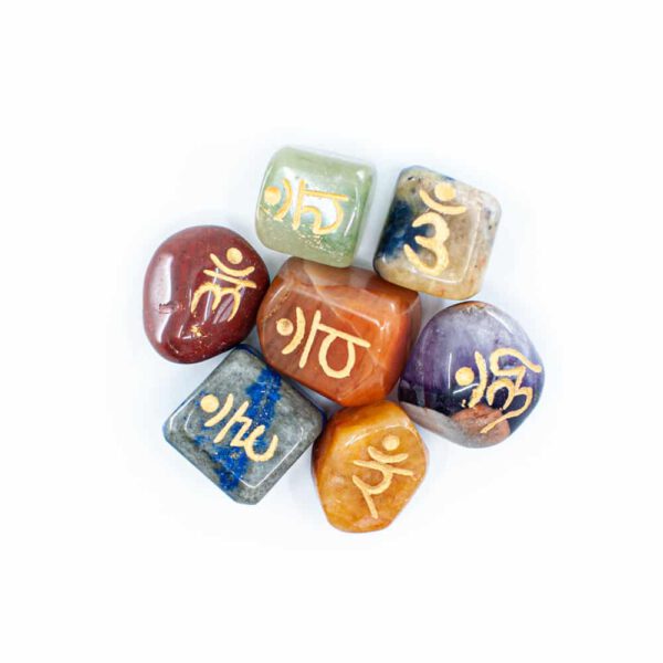 7 Chakra Edelsteen Trommelstenen met Sanskriet Letters