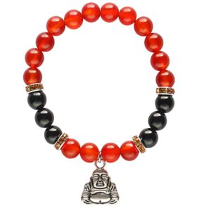 Edelsteen Armband Carneool/ Onyx met Happy Boeddha Bedel (Elastisch)