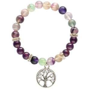 Edelsteen Armband Fluoriet/ Amethist met Tree of Life Bedel (Elastisch