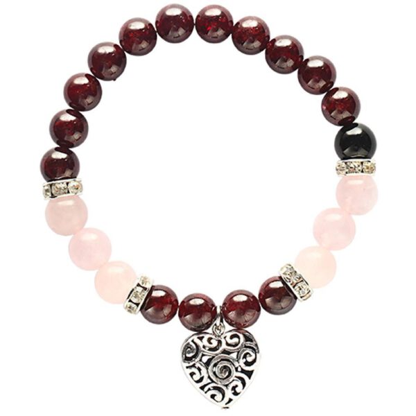 Edelsteen Armband Granaat/ Rozenkwarts met Hart Bedel (Elastisch)