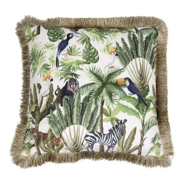 Fluwelen Kussen Jungle Toekan Wit met Gouden Franje (45 x 45 cm)