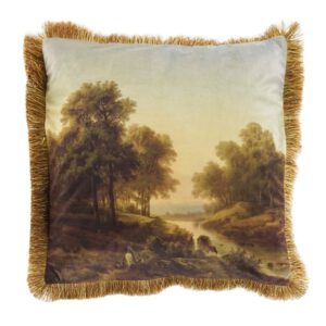 Fluwelen Kussen Landschap Loofboom Gouden Franjes (45 x 45 cm)