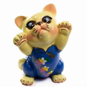 Handbeschilderde Poes Polystone Geel/Blauw (20 cm)