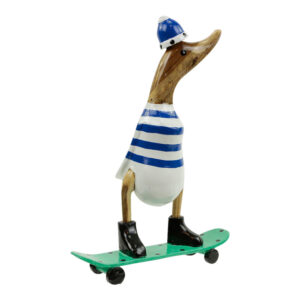 Houten Beeld Eend op Skateboard Blauw (28 x 20 cm)