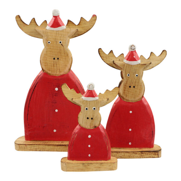 Houten Beelden Rendier Rood met Kerstmuts (Set van 3)