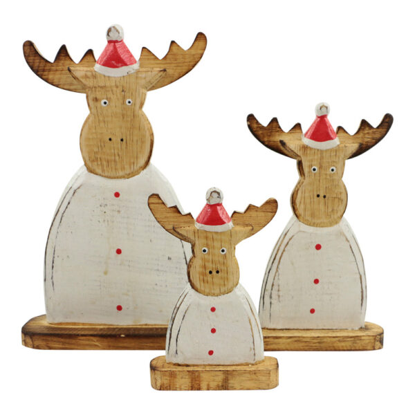 Houten Beelden Rendier Wit met Kerstmuts (Set van 3)