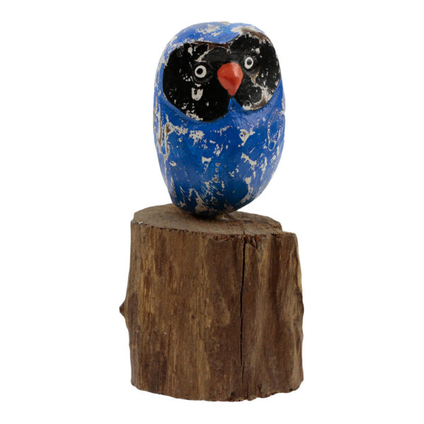 Houten Beeldje Uil op Stronk Blauw (17 x 10 cm)