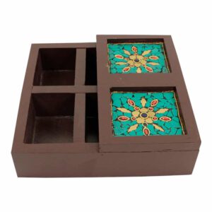 Houten Doos met Turquoise Keramiek Inlay - 6 vakken