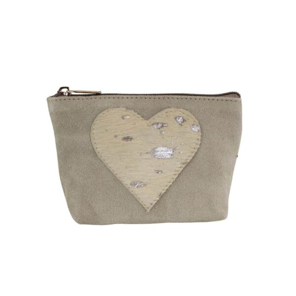 Leren Make-up Tasje Bruin - Beige Hart (15 x 12 cm)