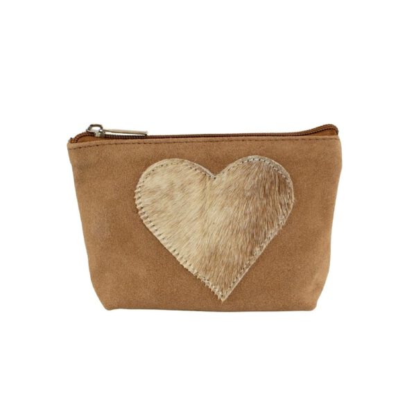 Leren Make-up Tasje Bruin - Wit Hart (15 x 12 cm)