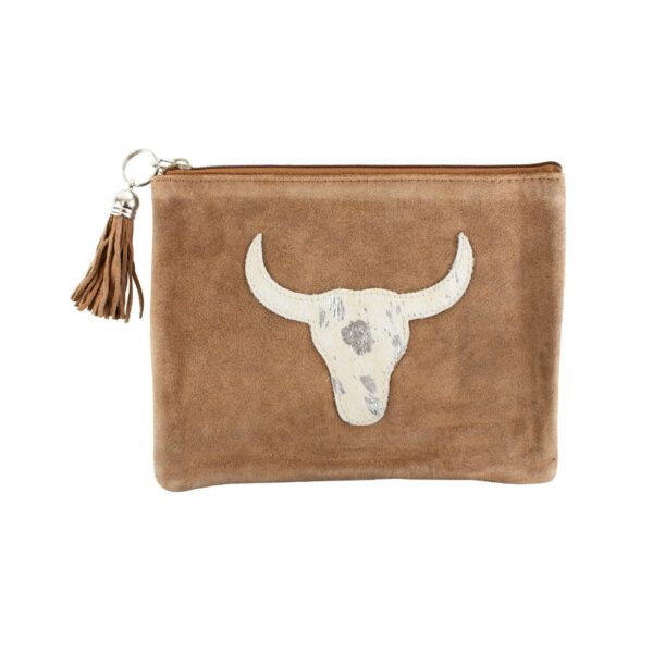 Leren Make-up Tasje Bruin - Zilverkleurige Stier (22 x 16 cm)