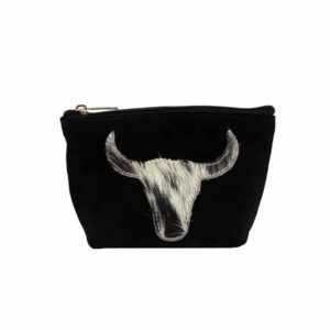 Leren Make-up Tasje Zwart - Witte Stier (15 x 12 cm)