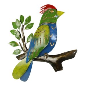 Metalen Wanddecoratie Vogel op Tak Blauw/Groen