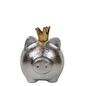 Zilverkleurige Spaarpot Varken met Gouden Kroon (10 cm)